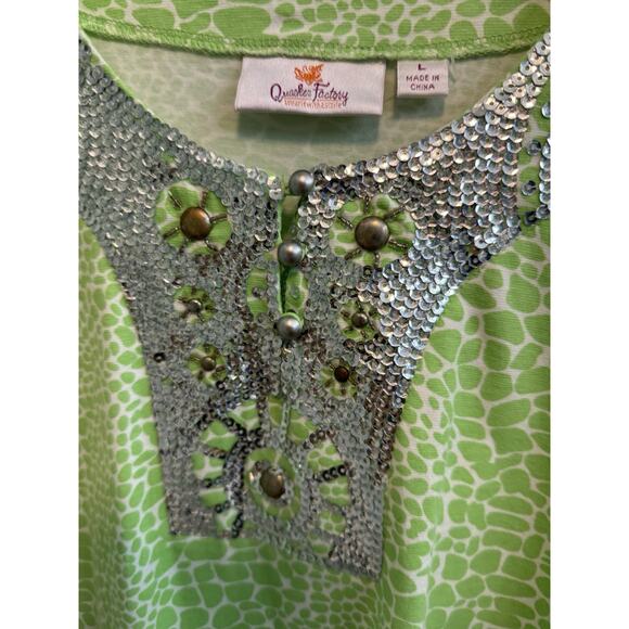 Quacker Factory Large Green White Tunic Silver Sequined Trim At Neck - Picture 2 of 11